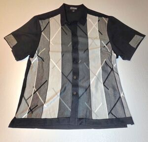 VTG Stacy Adams Shirt XL Black Knit Front Rayon Short Sleeve Hipster Bowling
